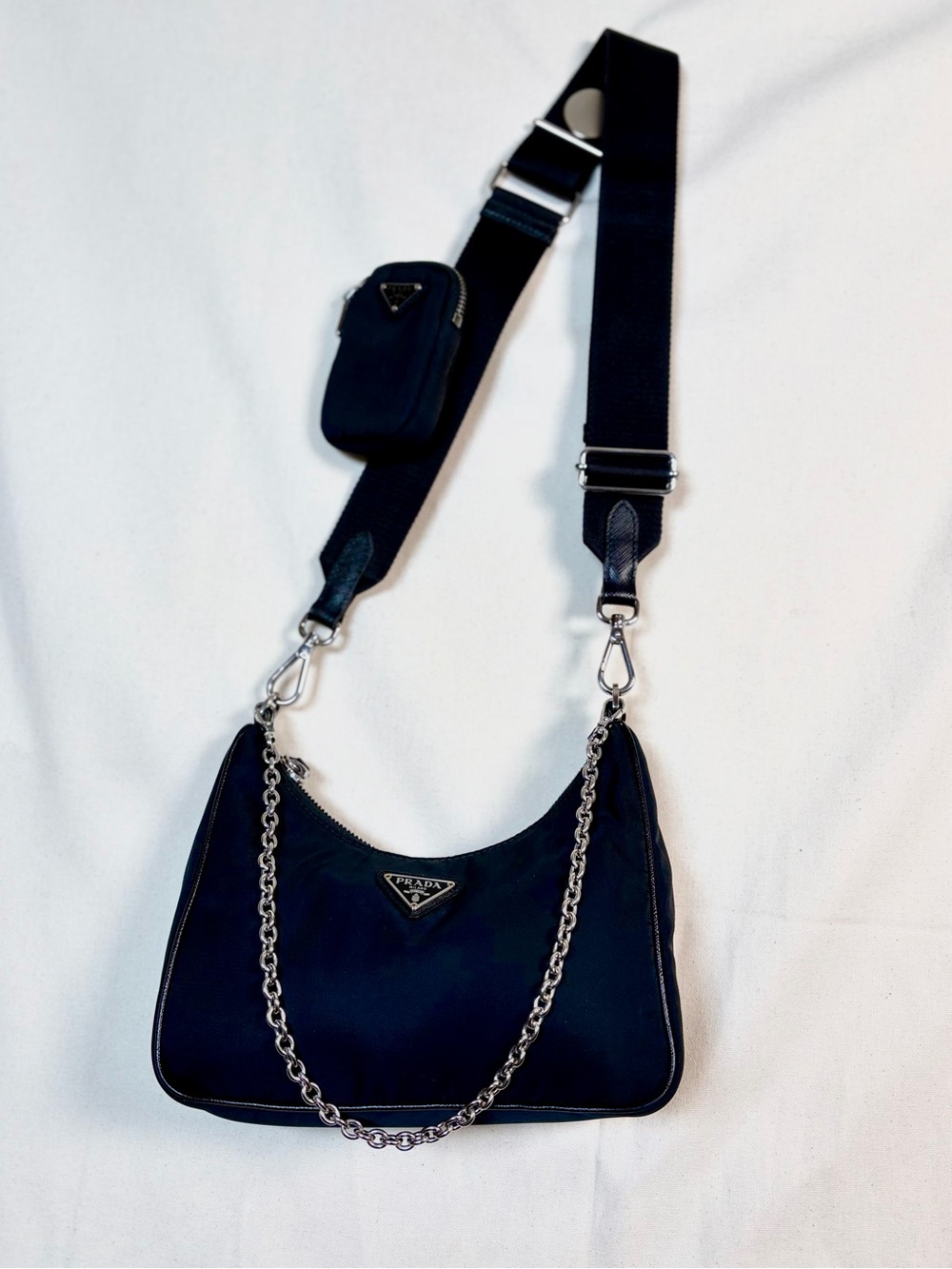 Prada Black Nylon Shoulder Bag with Silver Chain and Detachable Strap